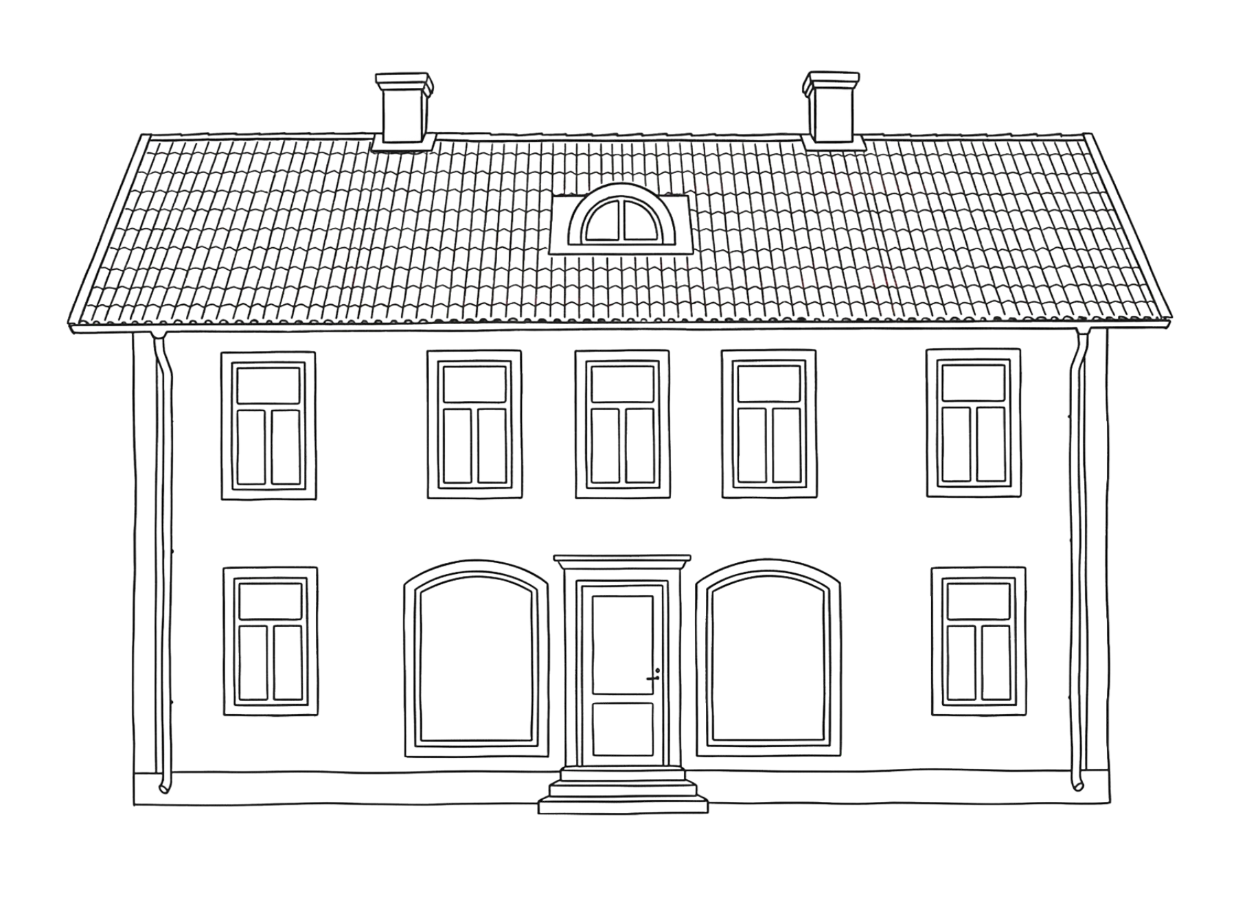 Svartvit skiss av ett tvåvåningshus med tegeltäckt tak, två skorstenar, sex fönster, ett välvt fönster ovanför mittdörren och en trappa som leder till entrén.