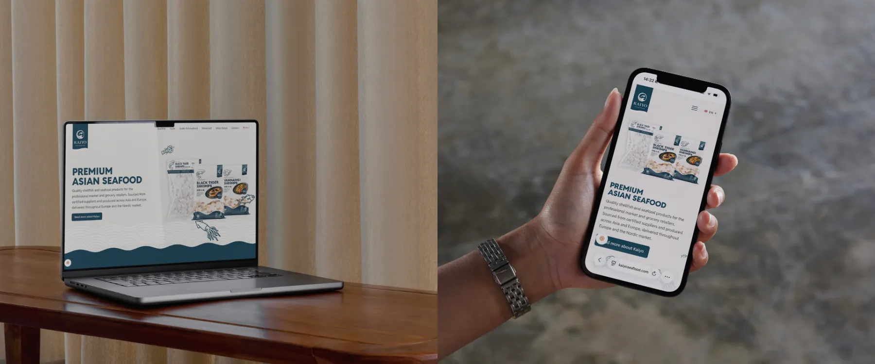 Kaiyo-mockup-case En bärbar dator och en hand som håller en smartphone visar båda en webbplats för exklusiva asiatiska skaldjursprodukter, där kundfallet BIMEX presenteras. Enheterna är placerade på ett träbord mot en neutral bakgrund.
