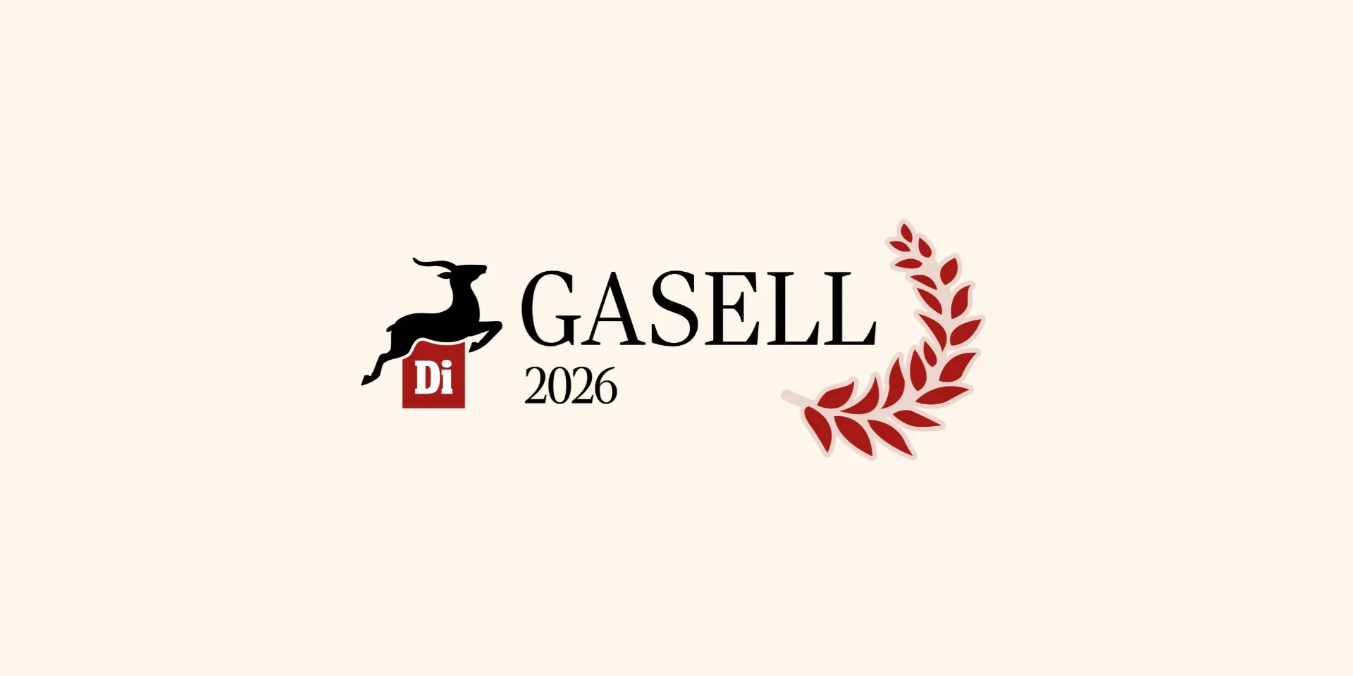 gasell2026_reklamco Di Gasell 2026-logotypen med en AI-märkning; en svart gasellsilhuett ovanför en röd fyrkant med bokstäverna Di, texten GASELL 2026 och en röd lagerkrans.